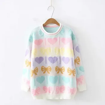 

Women Pullover Wear Japanese Girl Bowknot Round Collar Knitted Sweater Female Long Sleeve Sweet Lovely College Student Top H9459