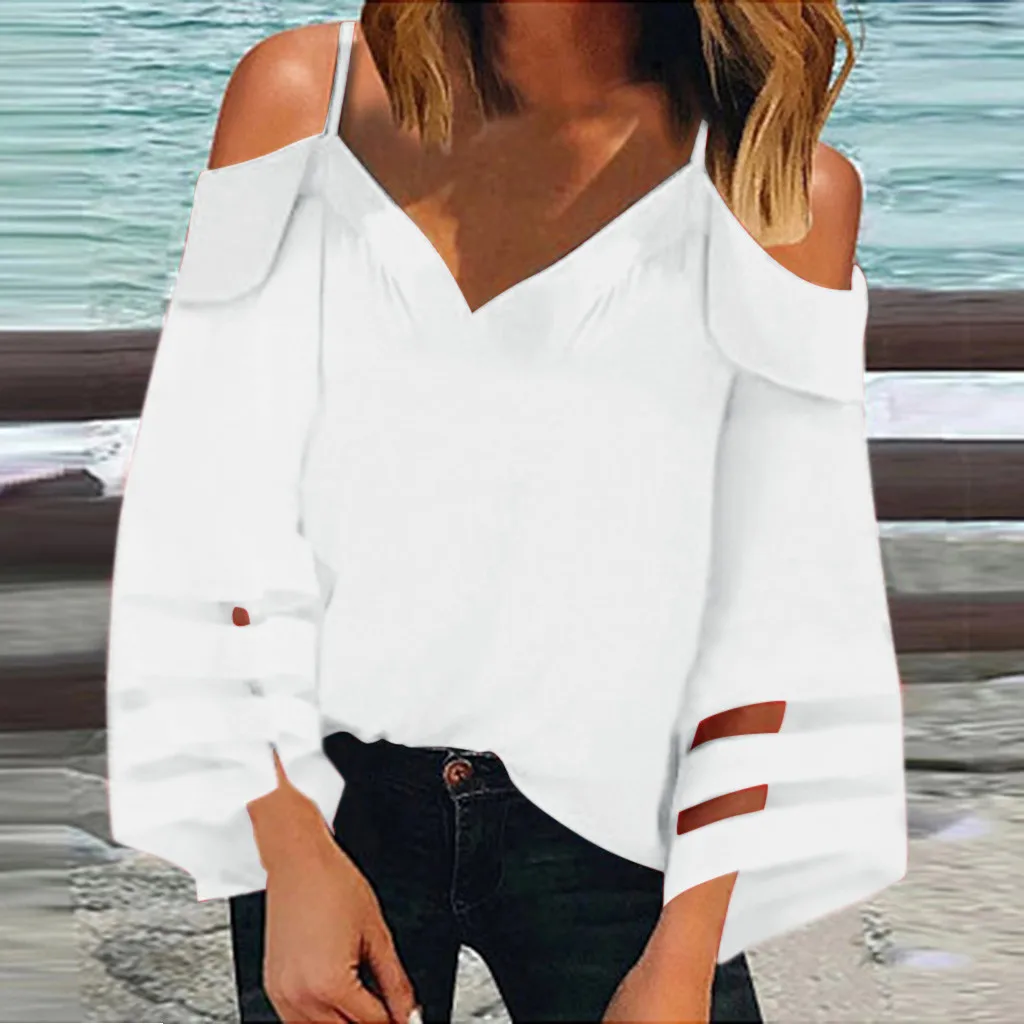 Feitong Sexy Blouse Women Off Shoulder Top Mesh Panel Blouse 3/4 Bell Sleeve Loose Streetwear Top Shirt Women Clothes