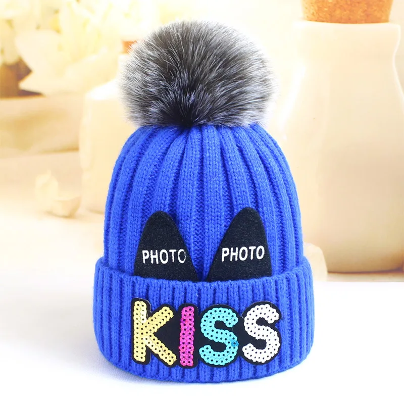 DUOJIAOYAN зимняя шапка с надписью «Kiss», шерстяная детская шапка, классическая популярная шапка для мальчиков и девочек, детская теплая вязаная шапка, аксессуары для волос - Цвет: KM5-5