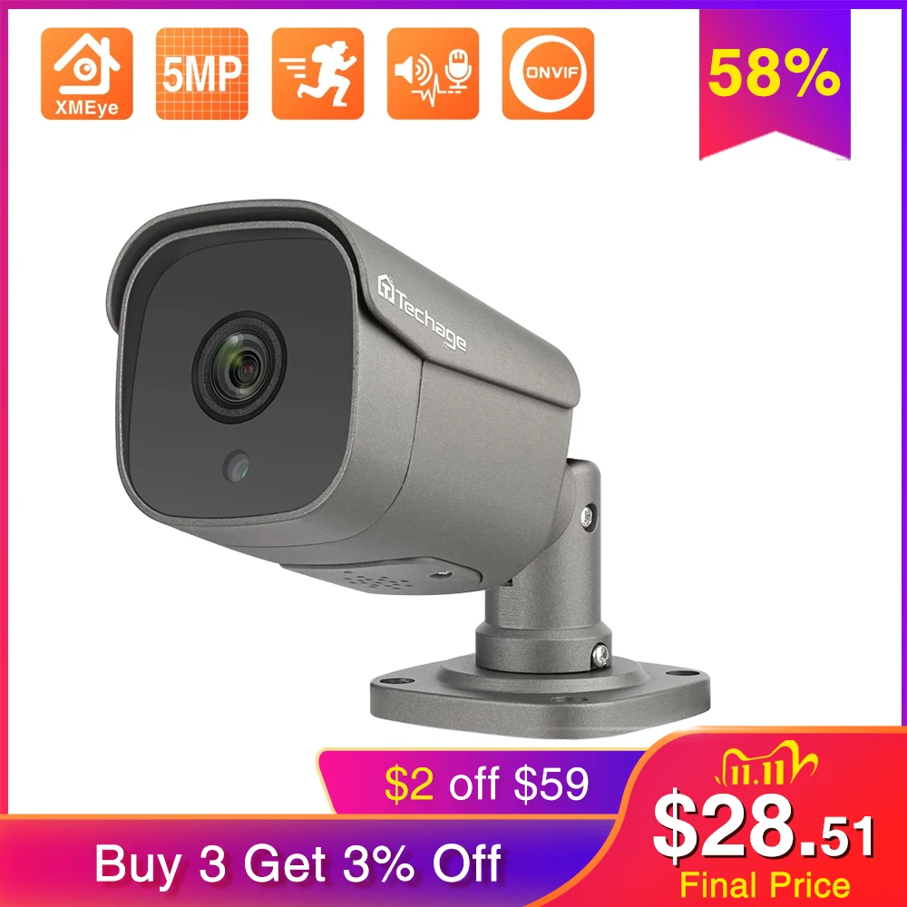 

Techage 5MP FULL HD Security POE IP Camera Two Way Audio AI Camera Outdoor Waterproof Video Surveillance for ONVIF NVR System