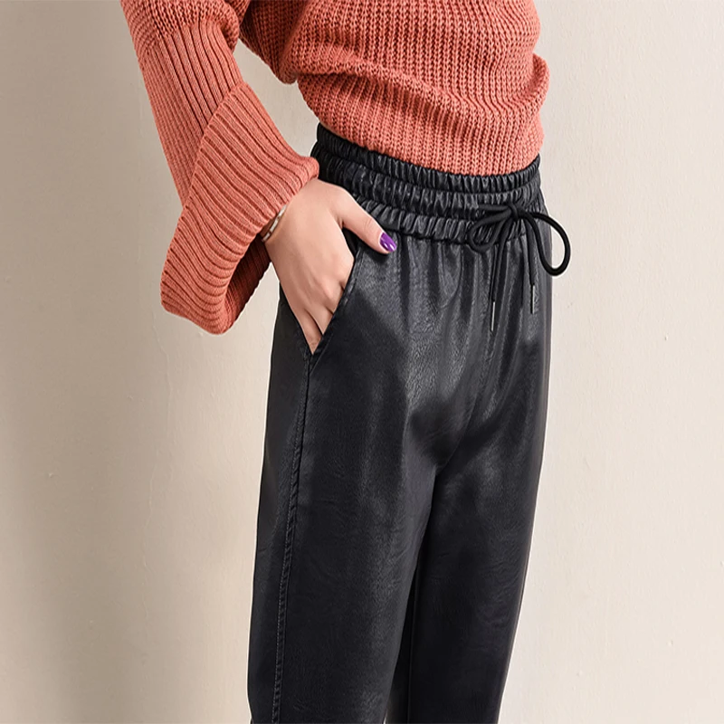Vintage stylish faux leather pants with pockets; Women Elastic Waist Drawstring Bow Tie Female Harem Pants Mujer