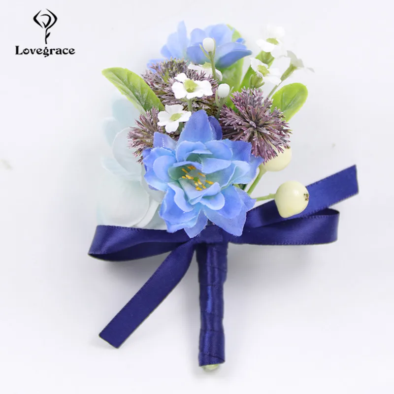 Blue Wedding Bridesmaid Bracelet Hand Flower Corsage Boutonniere Marriage Brooch 