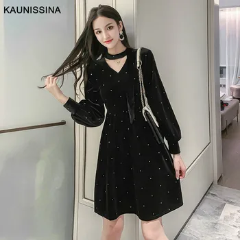 

KAUNISSINA Black Cocktail Party Dress A-Line Long Sleeve Vevelt Fabric V-Neck Homecoming Dress Korean Prom Gowns