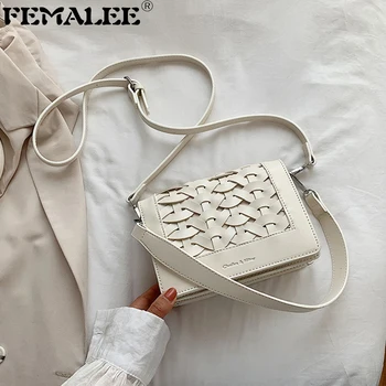

Woven Small Square Flap Bag Women Designer Hollow Handbag Fashion Wide Shoulder Strap Korean Elegant Crossbody Messenger Bags