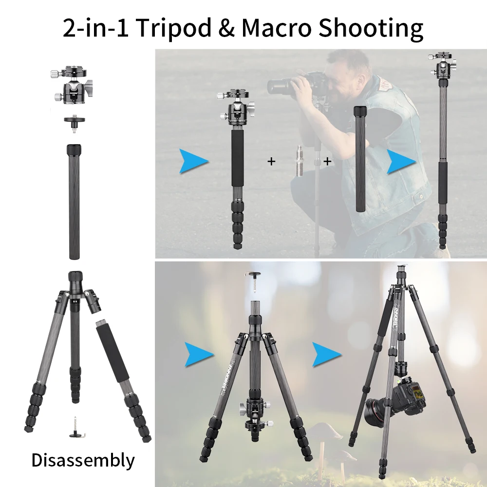 INNOREL 10 Layers Carbon Fiber Travel Tripod Portable Monopod with Panoramic Low Gravity Center Ballhead for DSLR Camera Video