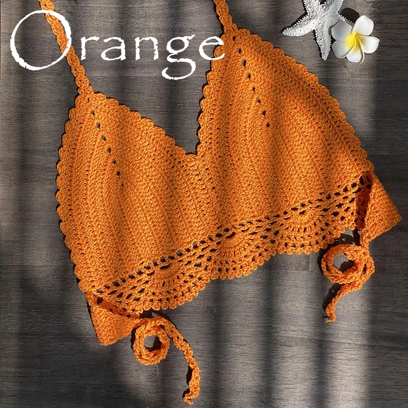 2021 New Bikini Top Handmade Crochet Women Boho Beach Bralette Solid Halter Knitted Swimsuit Brazilian Bikinis Bathing Suit Top