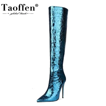 

TAOFFEN New Fashion Shoes Over The Knee Boots Thin Heel Zipper Pointed Toe Shoes Party Footwear Club Ladies Solid Size 34-43