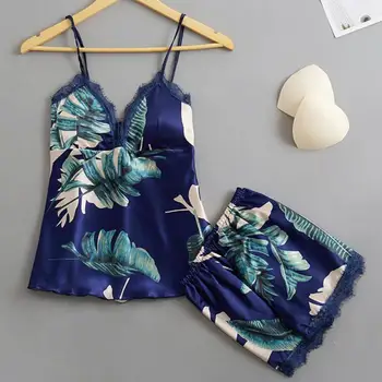 

2PCS Pajamas Suit Women Printed Flower Pijama Sexy Pyjama Casual Satin Strap Tops&Shorts LACE Trim 2020 Summer New Home Clothes