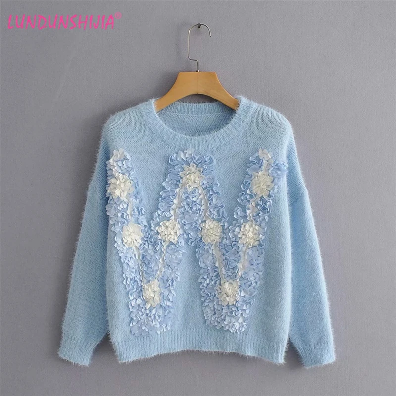 

LUNDUNSHIJIA 2019 Autumn Three-dimensional Flowers Petals Imitation Mink Cashmere Sweaters Women Loose Short Pullover Sweater