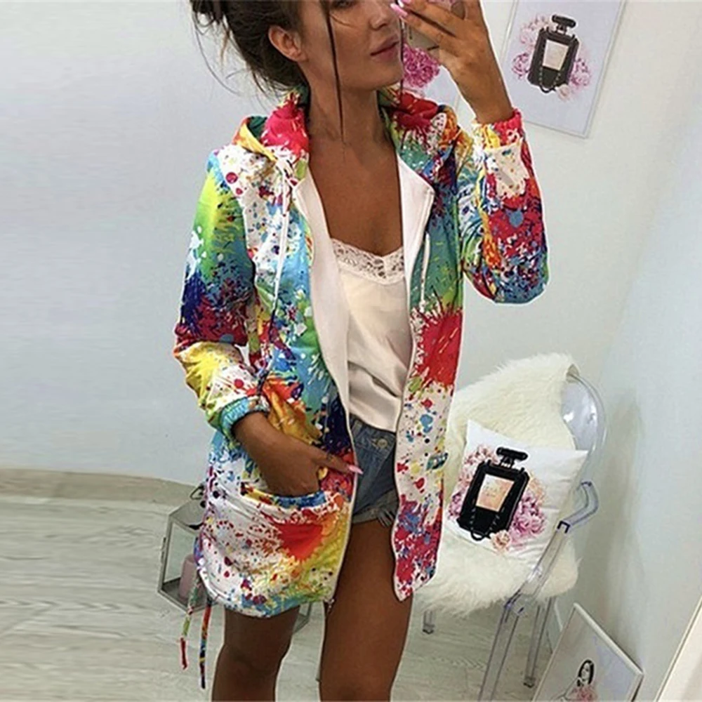 

2019 Women Multicolor Printed Fashion Hooded Jacket Coats mid-length Zipper Streetwear Clothing Female Drawstring Hoody Jackets