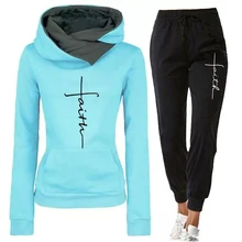 

Winter Woman Tracksuit 2 Piece Set Hoodies+Pants Faith Embroidered Sweatshirt Long Sleeve Pullovers Casual Warm Women's Suit