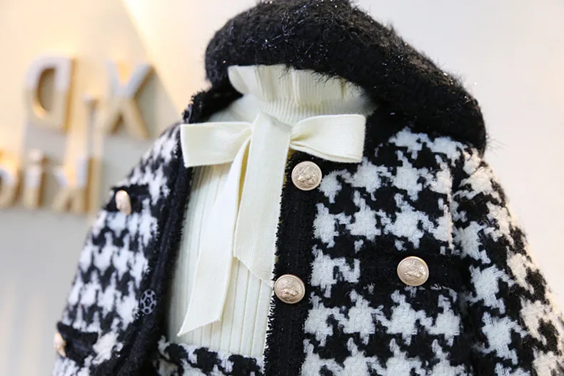 Girls Sets Children's Clothing Autumn Winter Plaid Korean Student Suit Knit Cardigan Sweater + Short Skirt 2pcs Kids Outfits