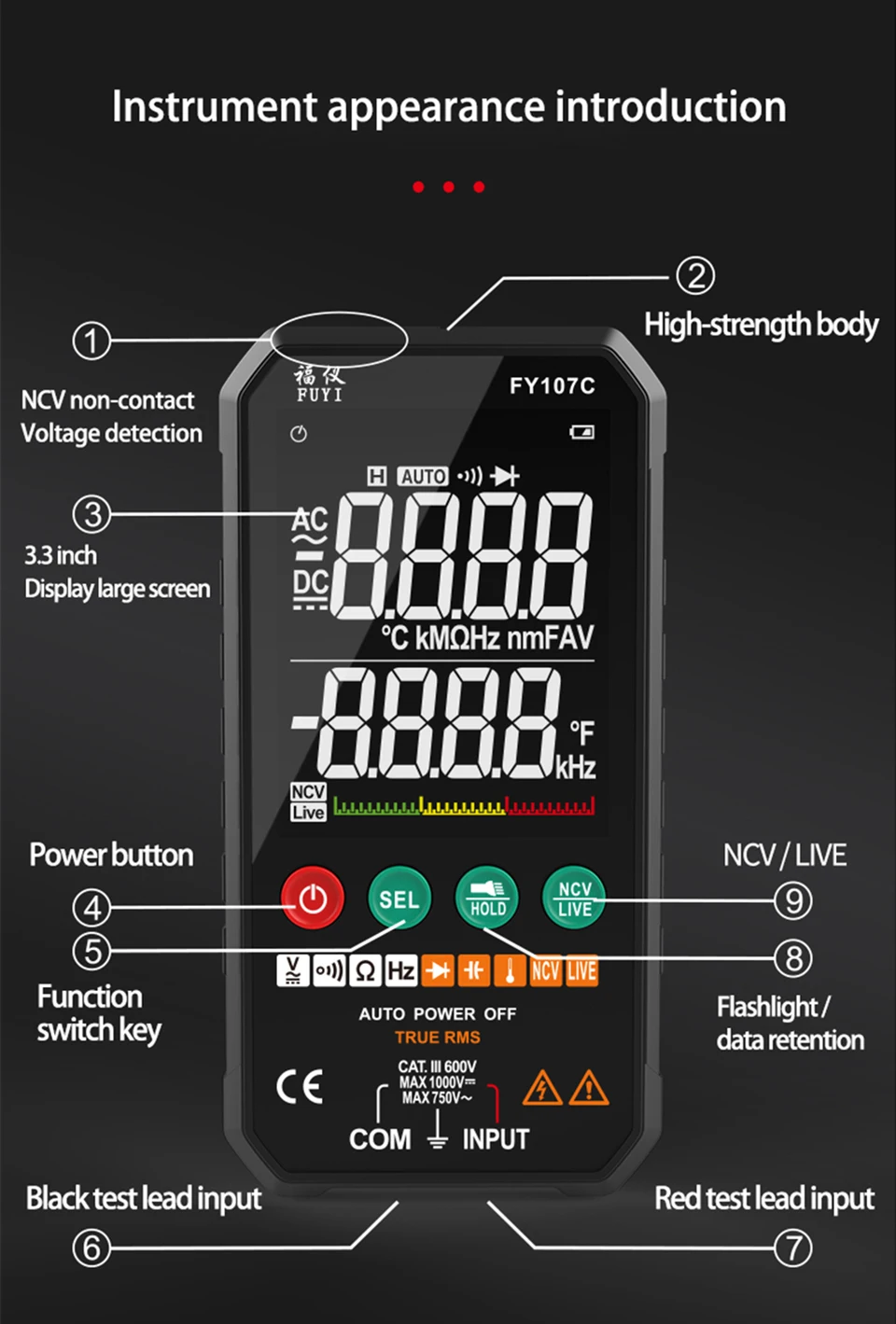 FY107C/FY107B 6000 Counts Digital Multimeter True RMS AC DC NCV