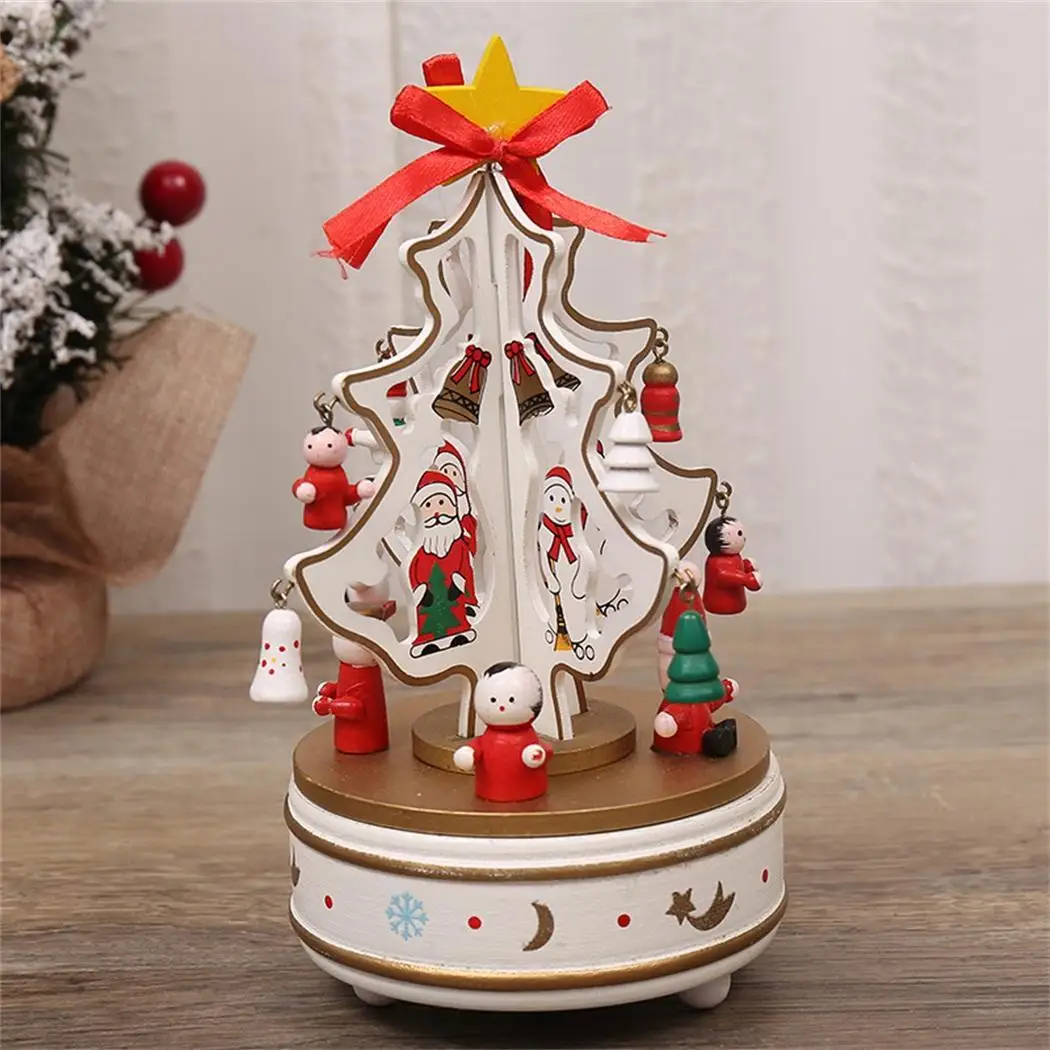 Christmas Tree Rotate Wooden Music Box Musical Toy Xmas Green/White Gift Decoration
