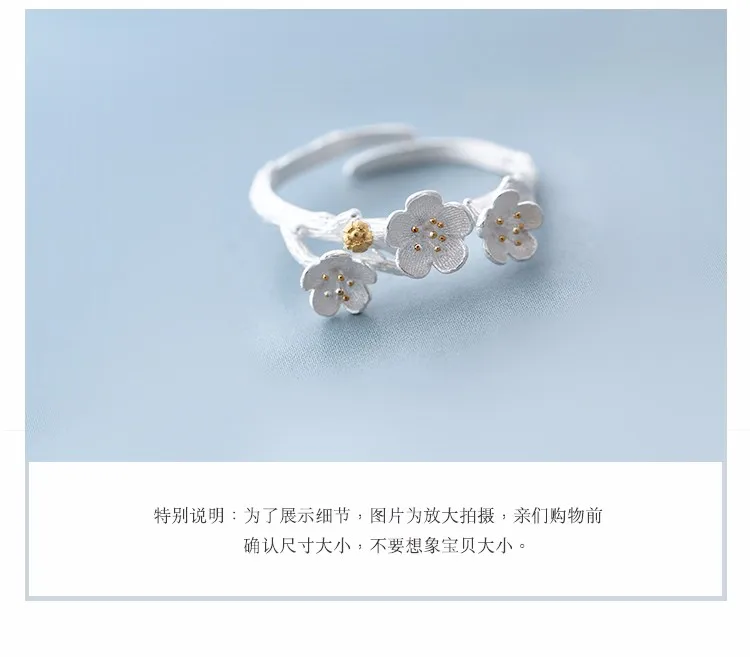 Новое поступление, Элегантные 925 пробы серебряные кольца с цветком сливы для женщин, регулируемый размер, кольцо на палец, модное ювелирное изделие