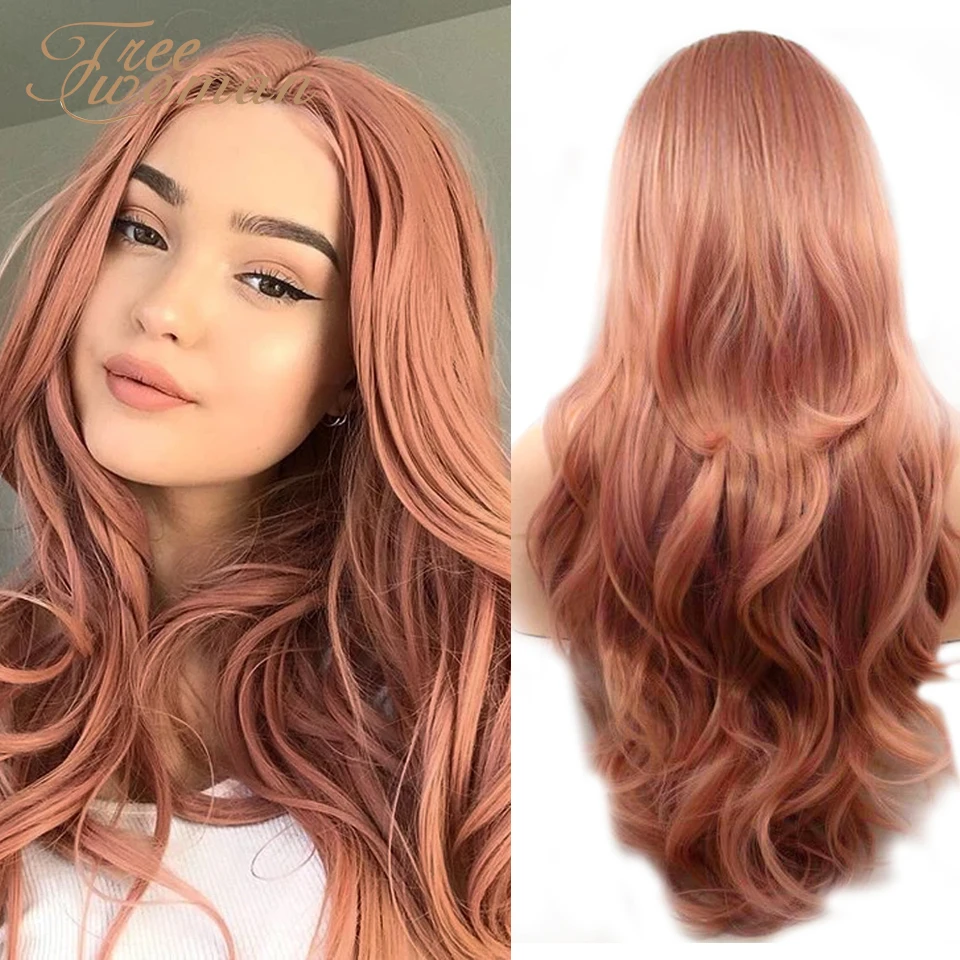 

FREEWOMAN Pink Synthetic Lace Front Wig Black Wavy Fake Hair Synthetic Wigs For Woman 24Inch Honey Blonde Orange Purple Green