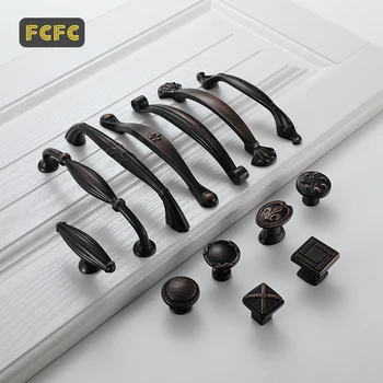 FCFC American Style Black Bronze Cabinet Handles Solid Kitchen Cupboard Pulls Drawer Knobs Zinc Alloy Furniture Handle Hardware