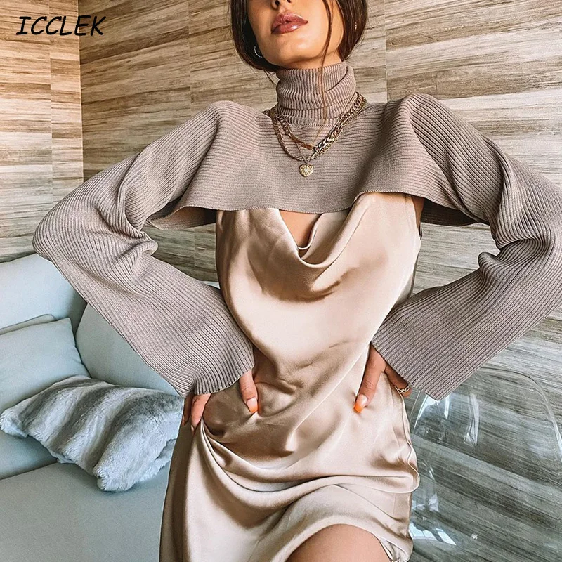 

New Design Women's Sweater Female Knitted Crop Tops Turtleneck Tops Autumn Pullovers Arm-warmer High Neck Sweater Za Long Sleeve