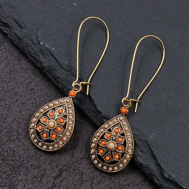 Exknl Fashion Vintage Drop Earrings For Women Alloy Crystal Ethnic Beads Boho Flower Earrings Colorful Dangle Earrings Jewelry orange pink