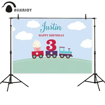 

Allenjoy Small Train Background Cloth Dessert Cake Cloud Blue Sky Hillside Cartoon Party Supplies Kid 3st Happy Birthday Banners
