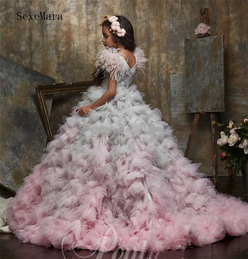 Роскошное платье с цветочным узором для девочек на заказ; пышное платье для свадьбы; детская одежда с бисером, кружевом и перьями; Пышное Платье; платье для дня рождения