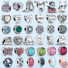 Abalorio de Plata de Ley 925, mariquita, niña, luna, estrella, familia, Margarita, compatible con pulsera Pandora Original, fabricación de joyas DIY