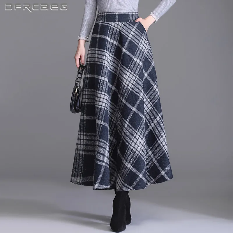 

Elegant Thicken Winter Plaid Woolen Maxi Skirt For Women 2021 High Waist Casual Big Swing Warm A-Line Skirts Wool Female