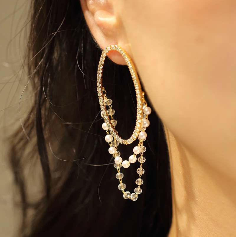 

Aidaila 2019 New Bohemia Big Circle Pearl Chain Dangle Earring AAA+ Zircon Gold Stud Round Earrings for women fashion
