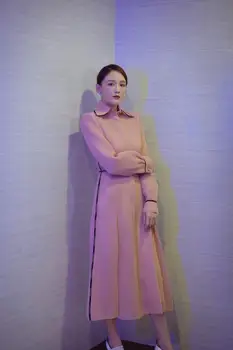 

2020 Summer Runway Dress Women Pink Hollow Out Belt Turn down Collar High Fashion Popular Mid-Calf Party Long Ladies Elegant Top