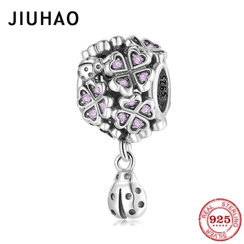 

Authentic 925 Sterling Silver Lucky clover with dangle ladybug CZ bead Fit Original JIUHAO Charms Bracelet Women Jewelry making