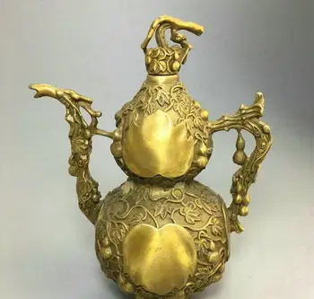 

China fengshui old bronze fortune bottle gourd teapot teakettle wine pot statue