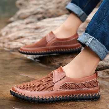 

PU Leather Men Shoes Stitching Material Summer Breathable Casual Mesh Shoes Male Comfy Soft Loafers Zapatos De Hombre 38-48