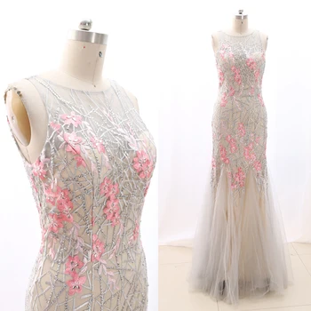 

MACloth Silver Mermaid O Neck Floor-Length Long Embroidery Tulle Prom Dresses Dress M 268510 Clearance
