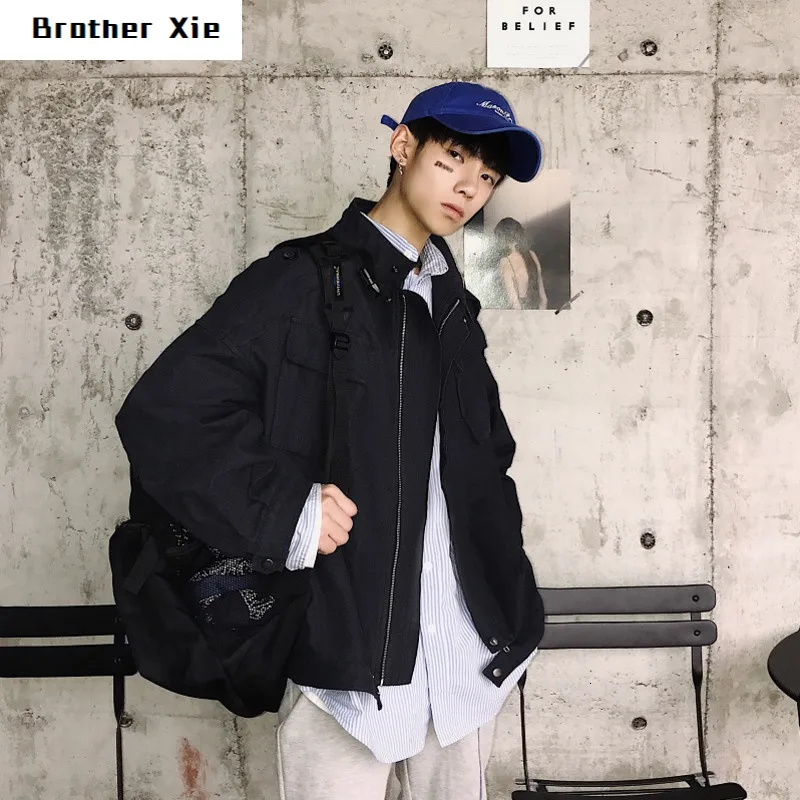 

Autumn New Jacket Men Fashion Solid Color Casual Big Pocket Tooling Jacket Man Streetwear Wild Hip Hop Loose Bomber Jacket Men