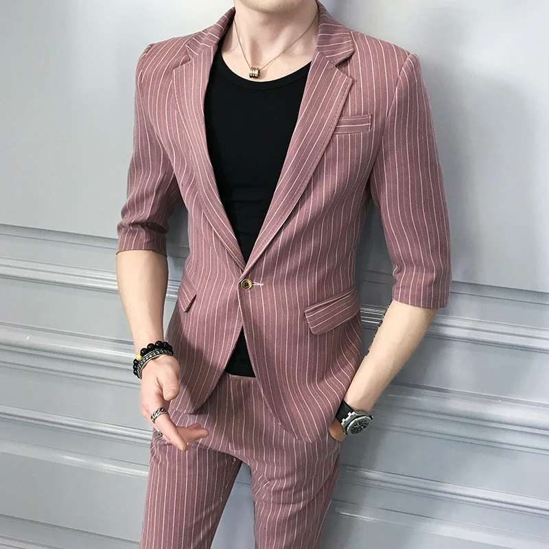 

Summer Sleeve Suit Male Slim Stripe Suit Two-piece Fashion Young Groom Married Suit Business Casual Men Suit