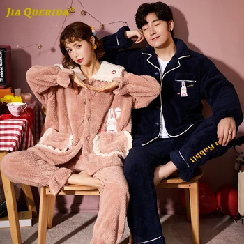 

Ladies Homesuit Homeclothes Man and Woman Coral Fleece Turn Down Collar Long Sleeve Long Pants Pj Set Front Pocket Winter Warm