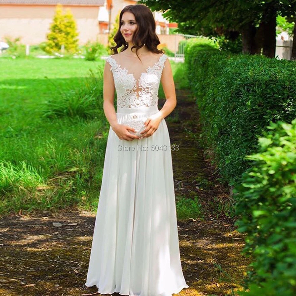 

Boho Wedding Dresses 2019 Lace Appliques Sheer Scoop Cap Sleeves Bridal Gowns A Line Chiffon Country Wedding Dress