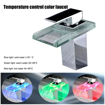 

Copper LED Waterfall Glass Hot Cold Water Faucet Light Temperature Control Color Change Water Faucet --M25