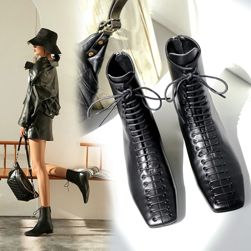 high quality fall brown black square toe genuine leather front lace up casual ankle boots autumn short women shoes booties
