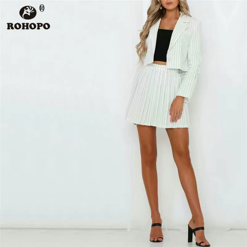 

ROHOPO Autumn Woman White Black Striped Crop Jacket Notched Single Buttons Ladies Short Jacket #9818