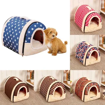 

Pet House Foldable Bed With Mat Soft Winter Leopard Dog Puppy Sofa Cushion House Kennel Nest Dog Cat Bed For Small Medium Dogs