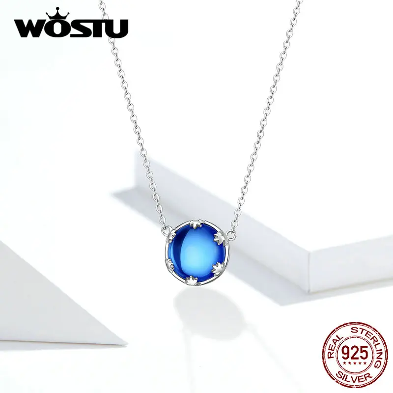 WOSTU,, настоящее 925 пробы, серебряное, синее, океанское сердце, ожерелье, сапфировое стекло, звено цепи, хорошее ювелирное изделие для женщин, подарок CQN377