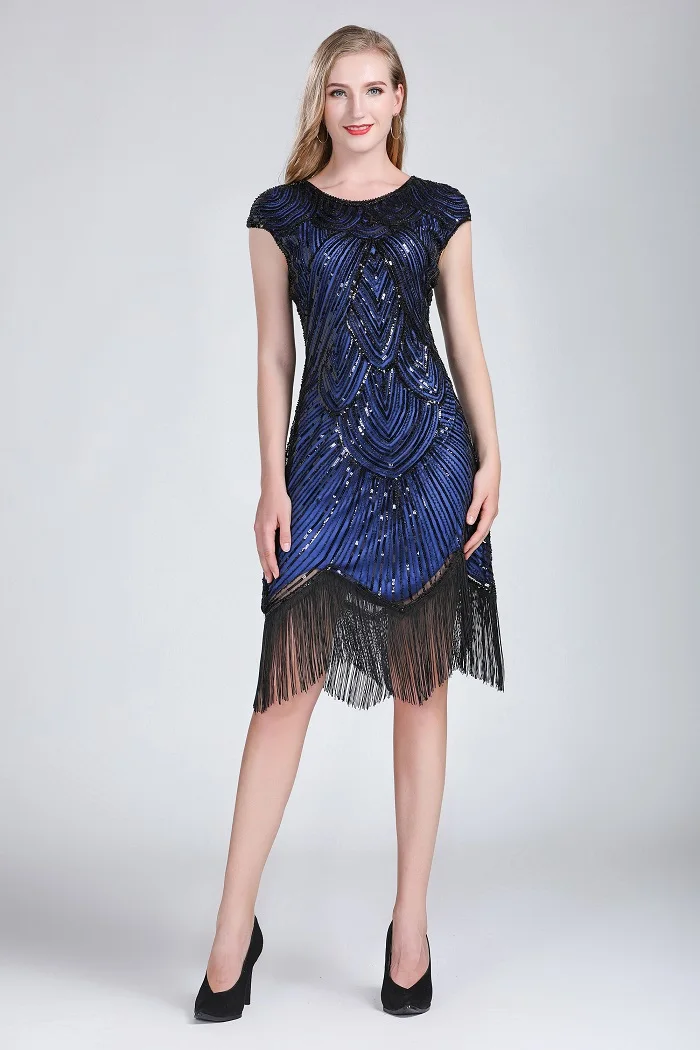 royal blue Женское винтажное платье 1920 s, вечерние платья в стиле арт-деко, платье Грейт Гэтсби, блестящее платье с круглым вырезом и рукавом-крылышком, украшенное Блестками, Бисером И Бахромой - Цвет: royal blue