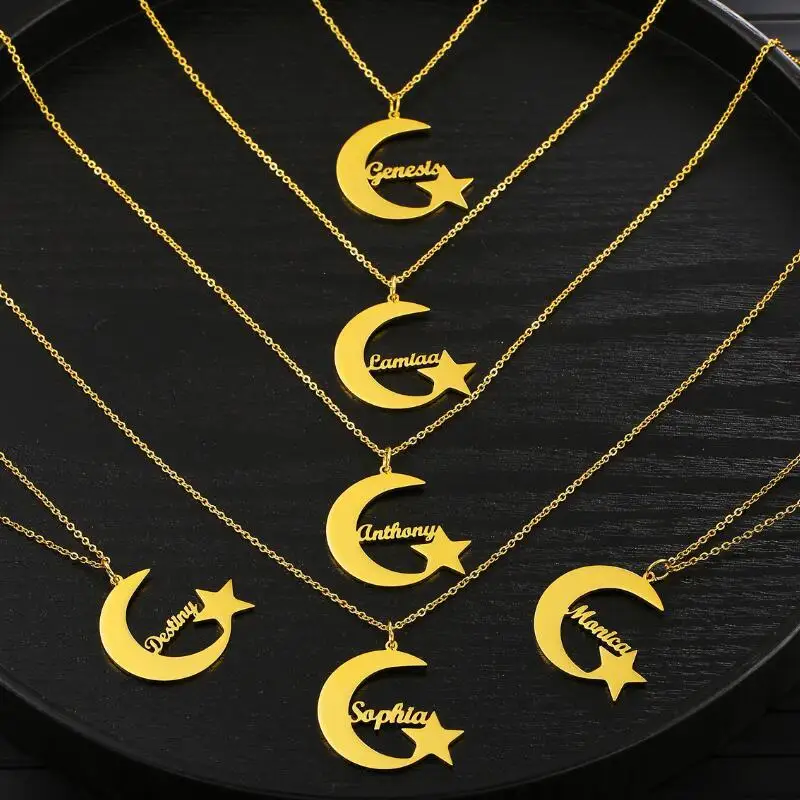 DIY Custom Name Moon Shaped Personalized Necklaces Stainless Steel Crescent Gold Color Party Necklaces For Women Men Gift necklaces rhinestones moon pendant necklace in gold size one size