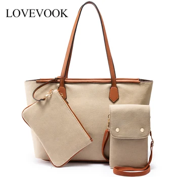 

LOVEVOOK women shoulder bag 3 sets large combination Tote bag canvas small crossbody bag for mobile phone female purse clutch