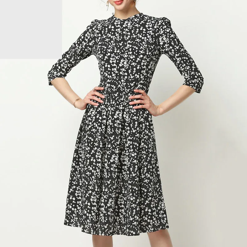 Women Floral Print Spring Summer Elegant Vintage A line Midi Dresses O-Neck 3/4 Sleeve Chic Party Dress Plus Size Robe Femme | Женская