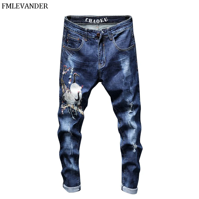 

2019 New Fashion Mens Jean Stretch Embroidery Skinny Jeans Men
