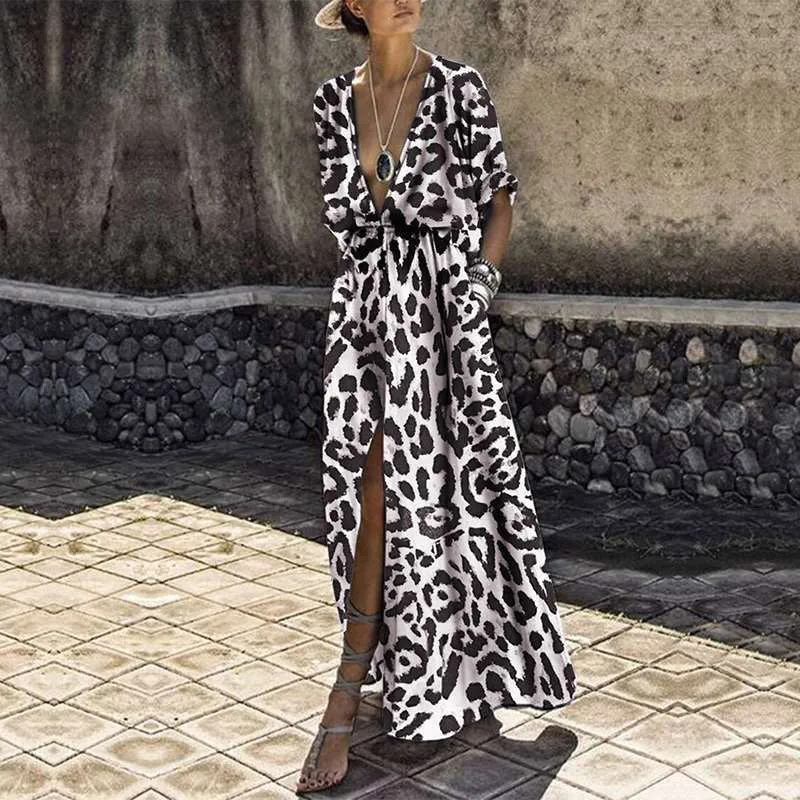 Miyouj сексуальное леопардовое платье сексуальное бикини с глубоким v-образным вырезом Пляжная накидка пляжная одежда больших размеров женские с высокой посадкой Макси платье XXXL