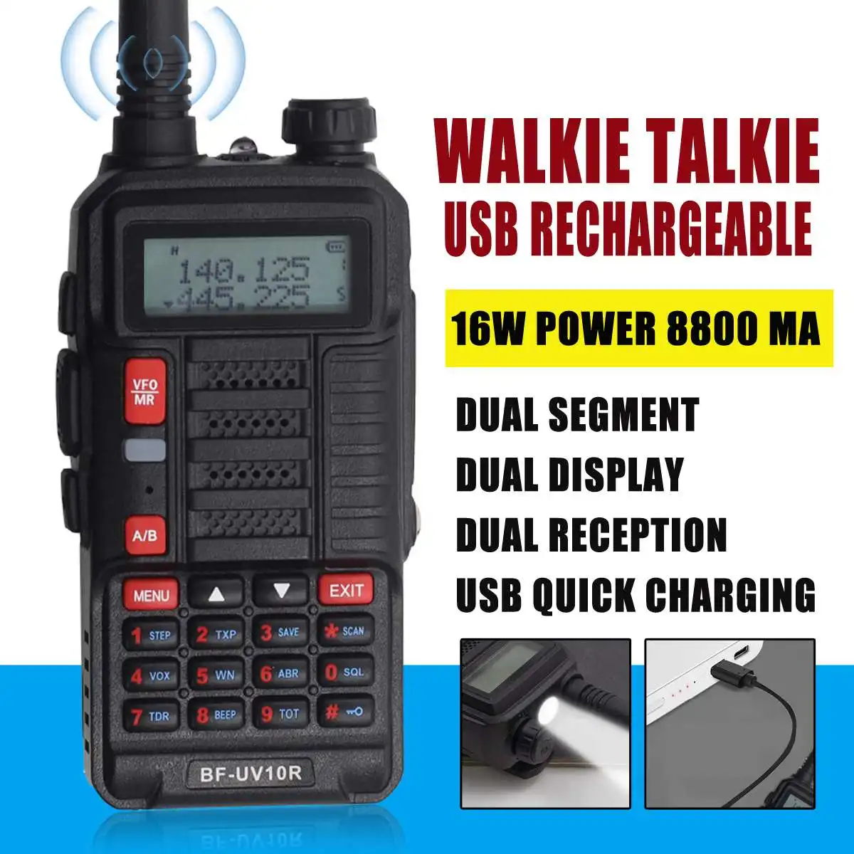 

UV10R Walkie Talkie Ergonomic Flashlight LED Display Dust-proof Design with Earphone Usb Charging Cable 16W 8800mah EU Plug