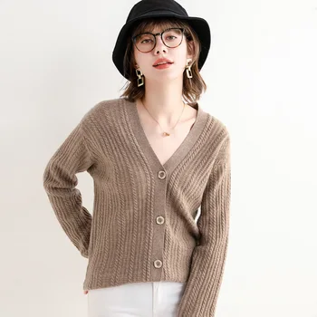 

New solid color knitted cardigan thick thread button long-sleeved cardigan women gray